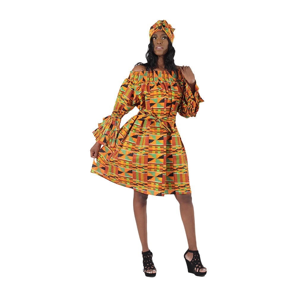 African Kente Print Off Shoulder Dress Flare Sleeve Mini Dress With Headwrap